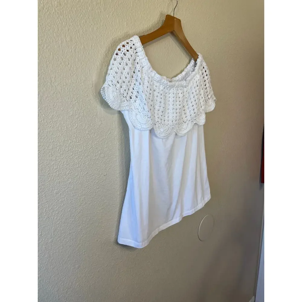 Collections Ect. Boho Cottage Off Shoulder Eyelet Crochet 100% Cotton Top Medium - Picture 2 of 8